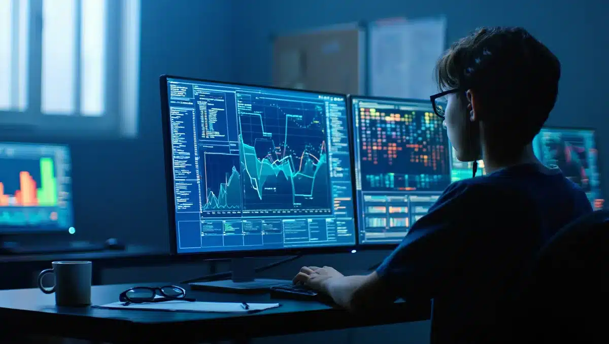 Data visualization dashboard with glowing charts and metrics, abstract representation of AI algorithms processing information, neural network patterns | AI analytics dashboard