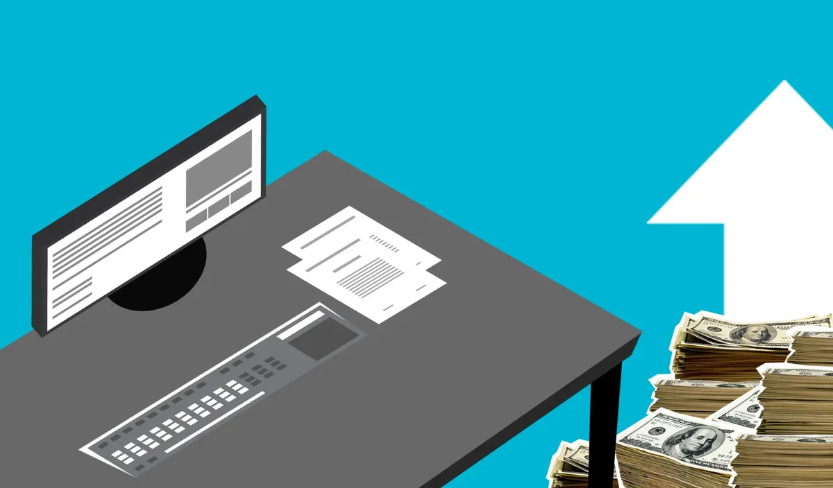 A desk with stacked dollar bills and campaign finance documents, a laptop screen glowing with donation records, harsh lighting creating stark shadows, suggesting financial power and influence