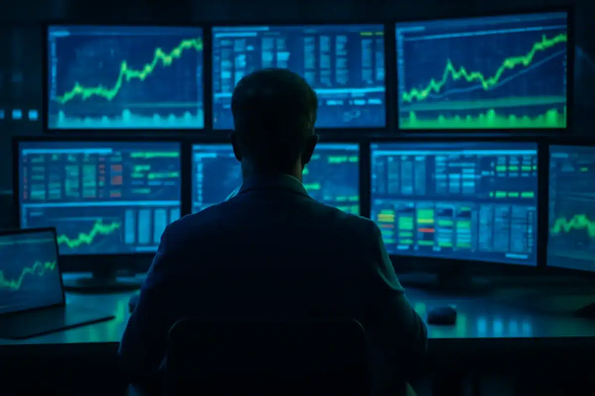 A modern payments processing center with multiple screens displaying transaction data and market analytics, glowing with blue and green light, conveying confidence and forward momentum | stock market trading screens