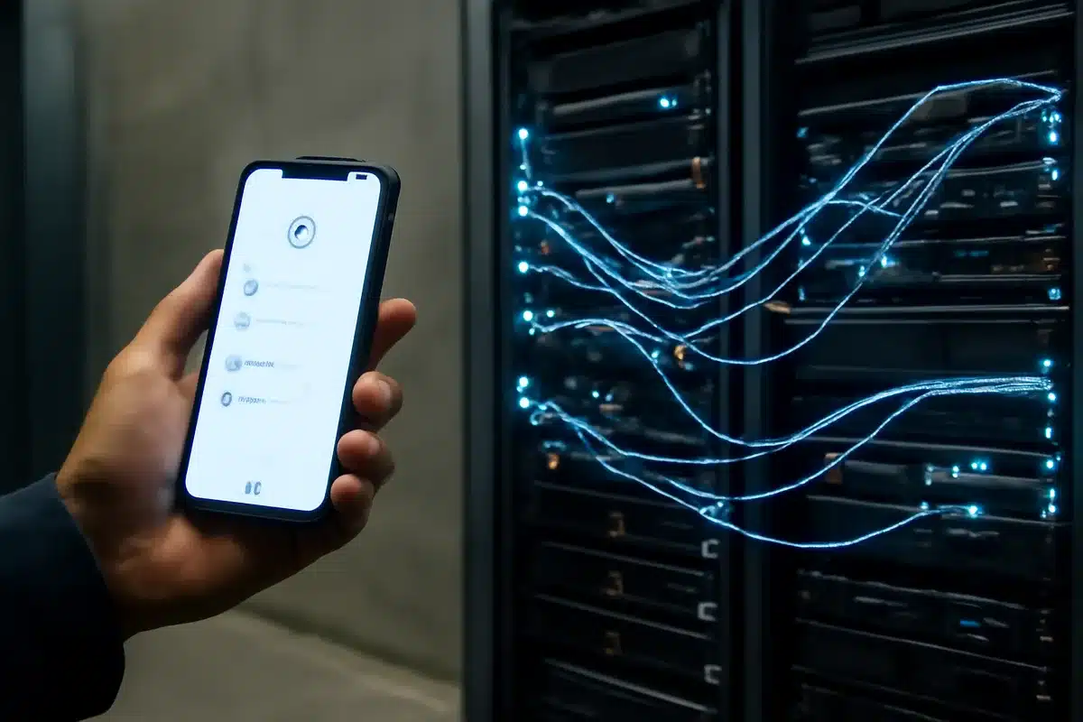 A split-screen visualization showing a mobile phone displaying Venmo's interface on one side and enterprise payment infrastructure on the other, with data flowing between them in a modern digital aesthetic | Venmo app interface enterprise payments
