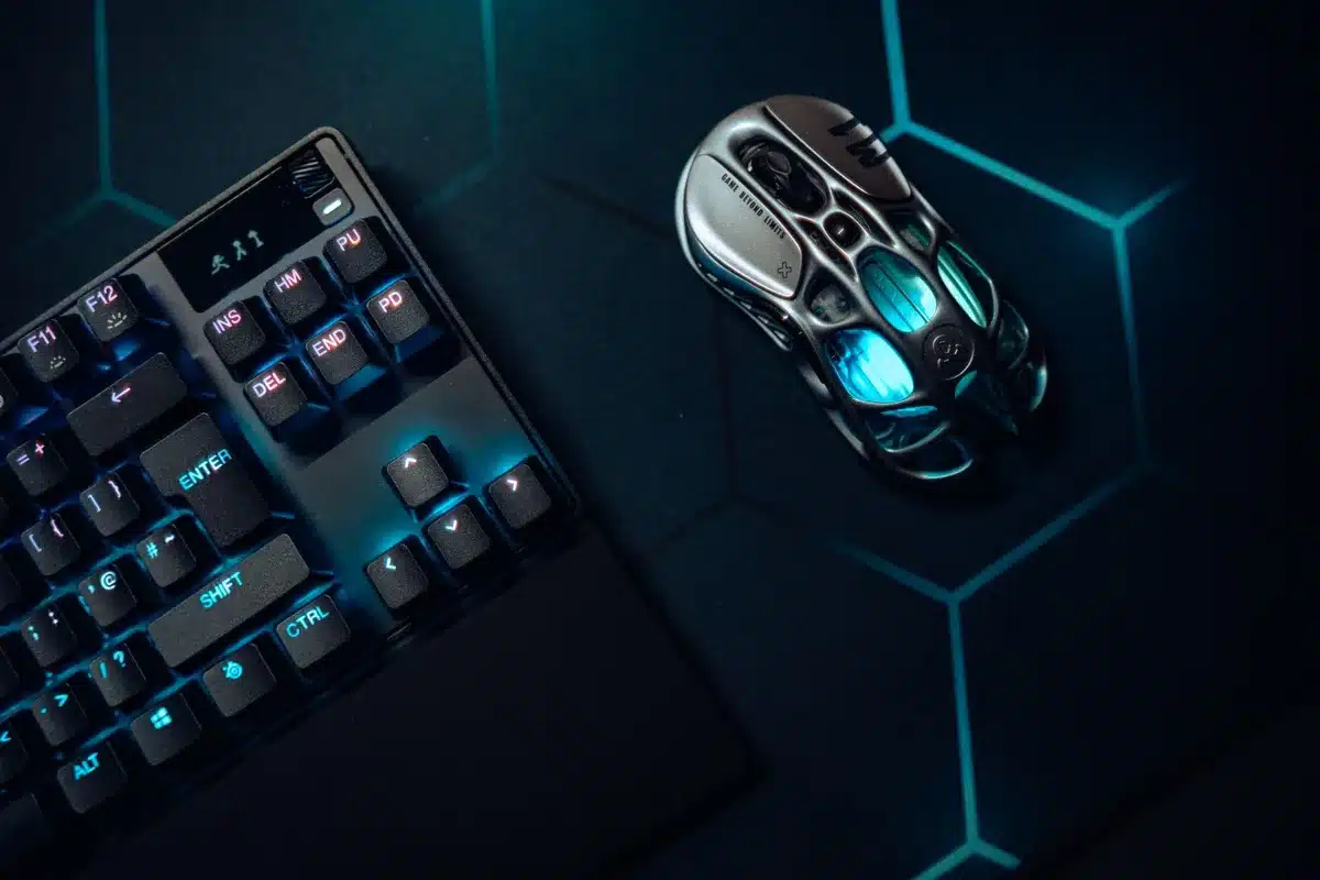 Futuristic soldier armor and weapons displayed in customization menu, glowing neon interface elements, sleek sci-fi equipment against dark background