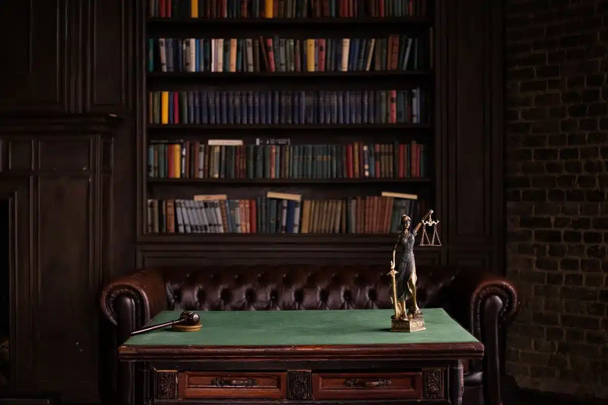 A formal courtroom interior with wooden benches, the judge's elevated bench, and tall windows casting shadows across the empty gallery, conveying legal authority and judicial finality