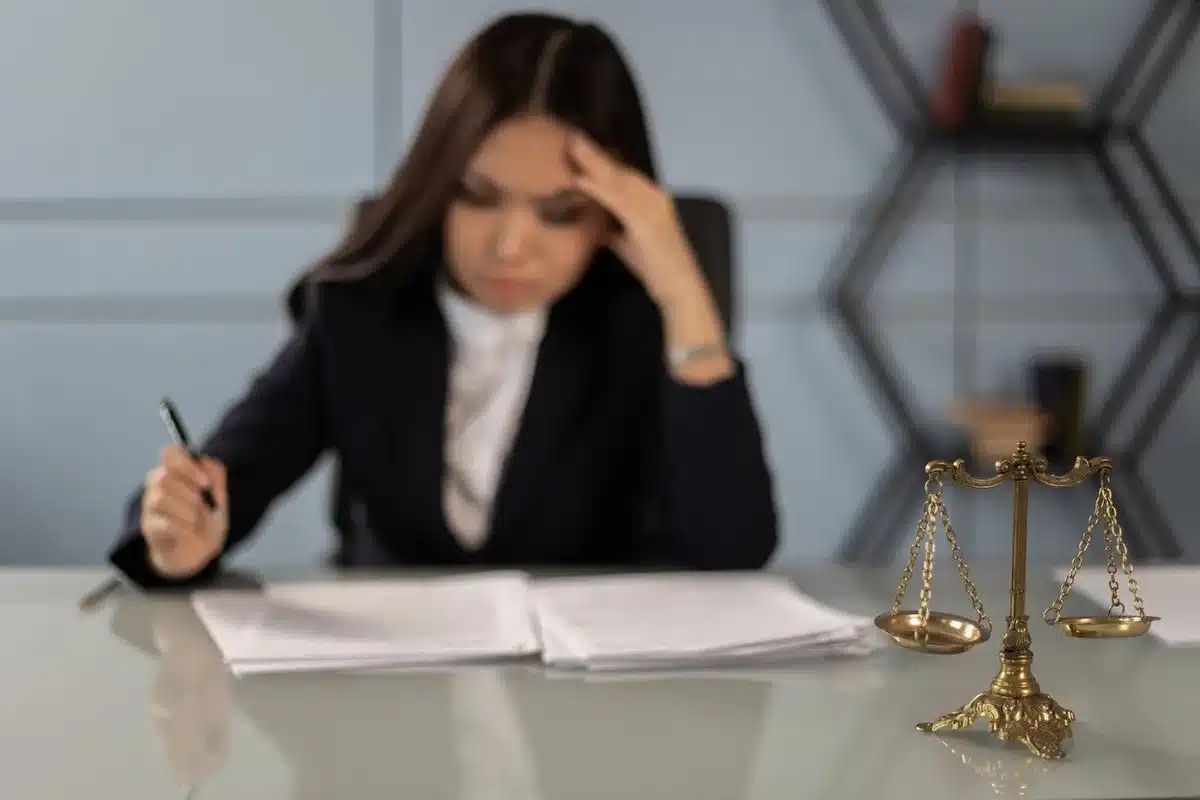 A desk with stacks of legal documents and files, a calculator, and a pen, illuminated by soft office lighting, symbolizing the financial burden of litigation