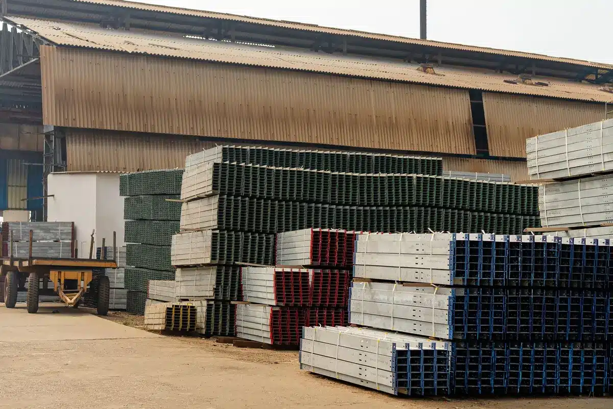 Warehouse interior with rows of shelving partially destroyed, smoke and dust hanging in the air, emergency personnel moving through damaged sections, merchandise scattered on the ground, industrial scale of disruption visible.