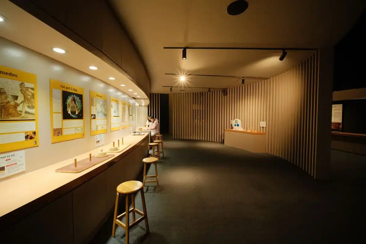 Fashion exhibition gallery with glass display cases featuring royal gowns, tiaras, and accessories, visitors viewing the items, soft museum lighting highlighting the clothing details