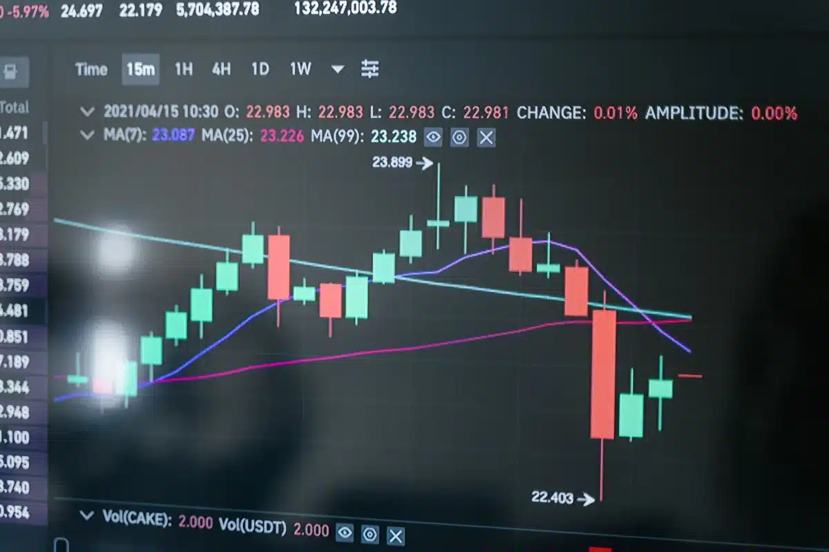 A stock trading screen displaying sharp market volatility with red and green candlestick charts, numbers streaming downward, a trader's silhouette in shadow watching the decline, tension in the air