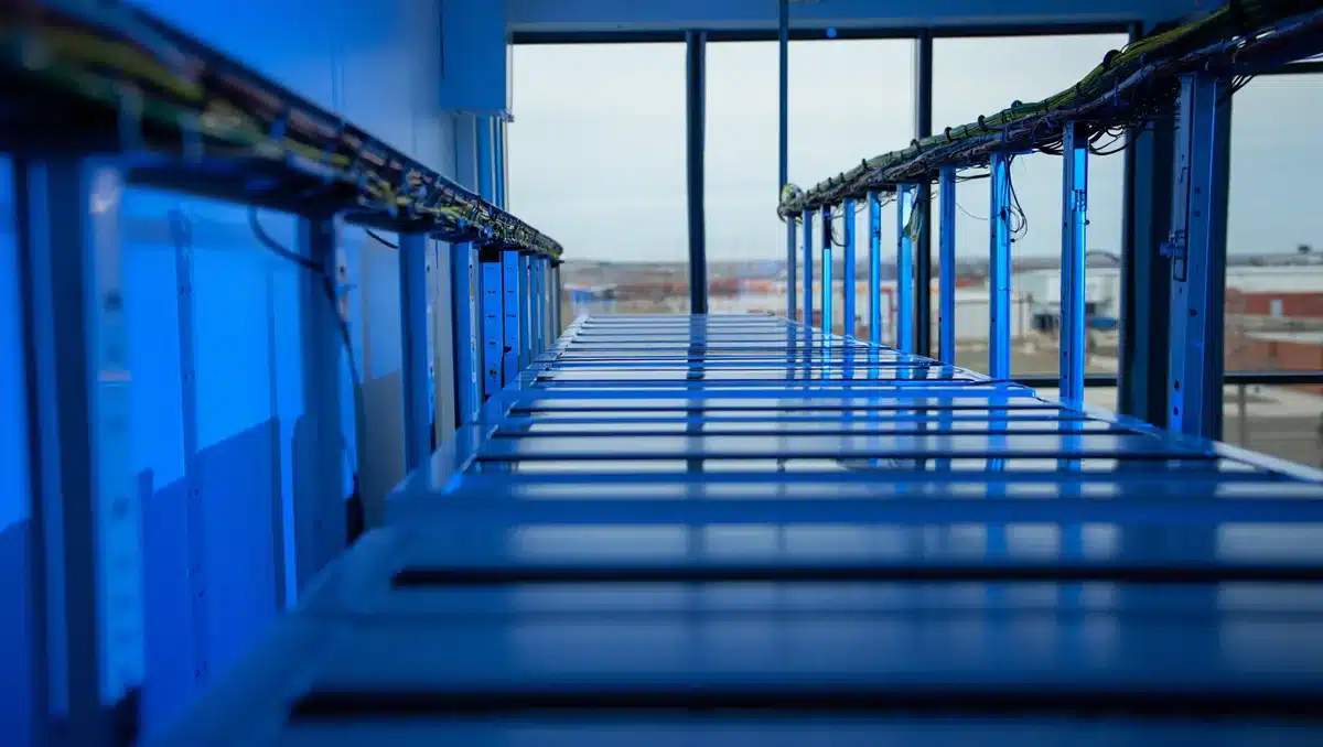 A modern data center facility with rows of server racks under cool blue lighting, cables organized overhead, and the Rockdale Texas industrial campus visible in the background | data center infrastructure AI computing