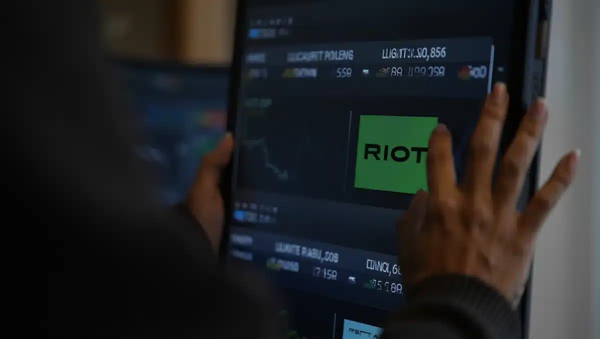 A stock ticker display showing RIOT's percentage gain in bright green, with trading volume and market data visible on a dark screen, reflecting overnight market momentum | stock market trading screen surge