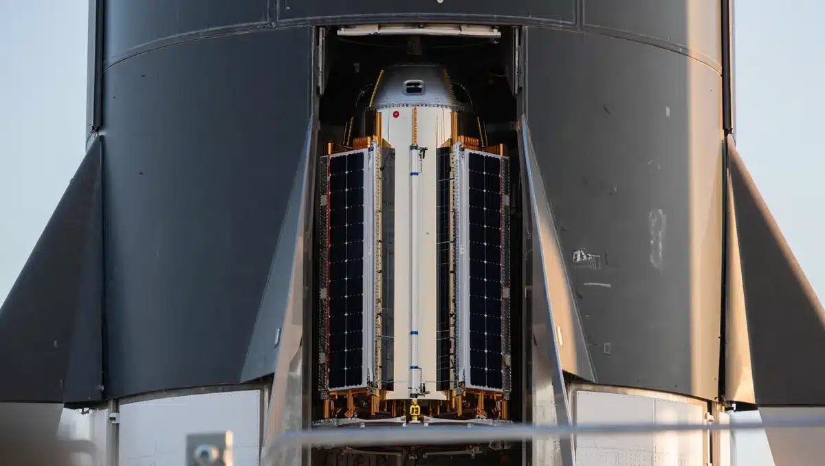 Rocket Lab Flatellite satellite in Neutron rocket fairing, space-based defense system, advanced spacecraft design ready for launch | satellite spacecraft technology defense