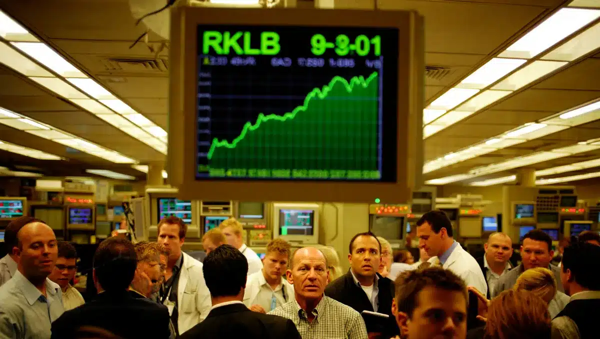 Stock market trading floor or financial data display showing RKLB ticker surging upward, investor activity, earnings anticipation | stock market trading data