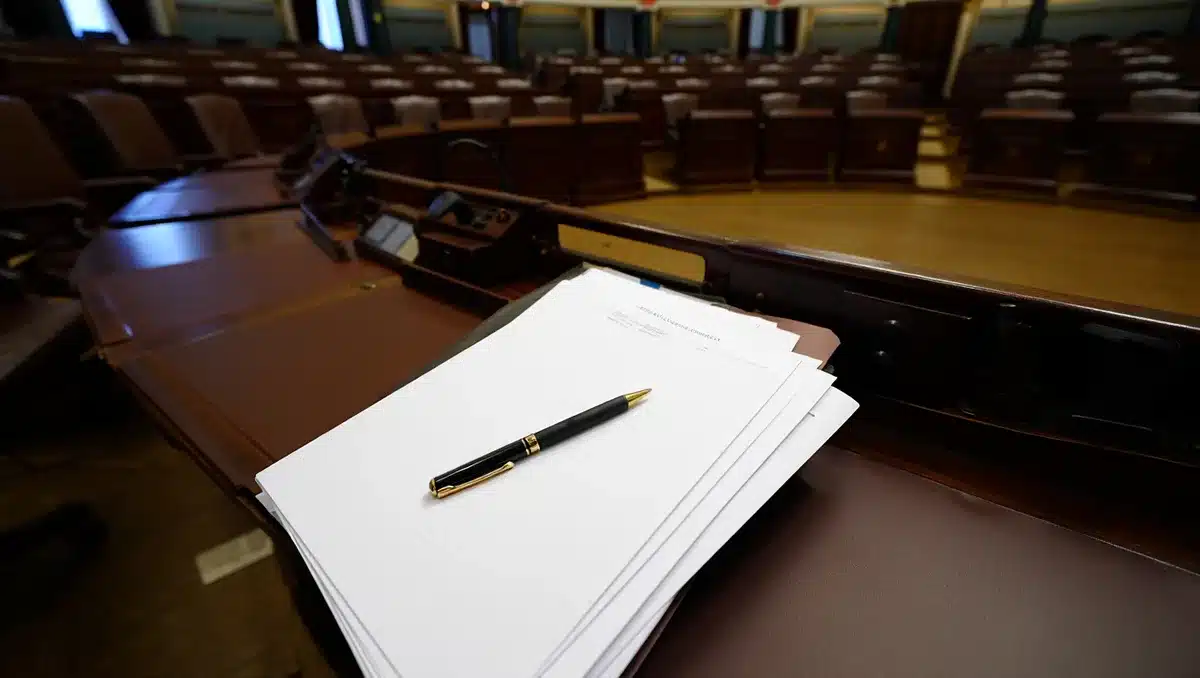 A legislative chamber with empty desks and documents scattered across a table, cool overhead lighting casting long shadows, a single pen in focus &mdash; policy.