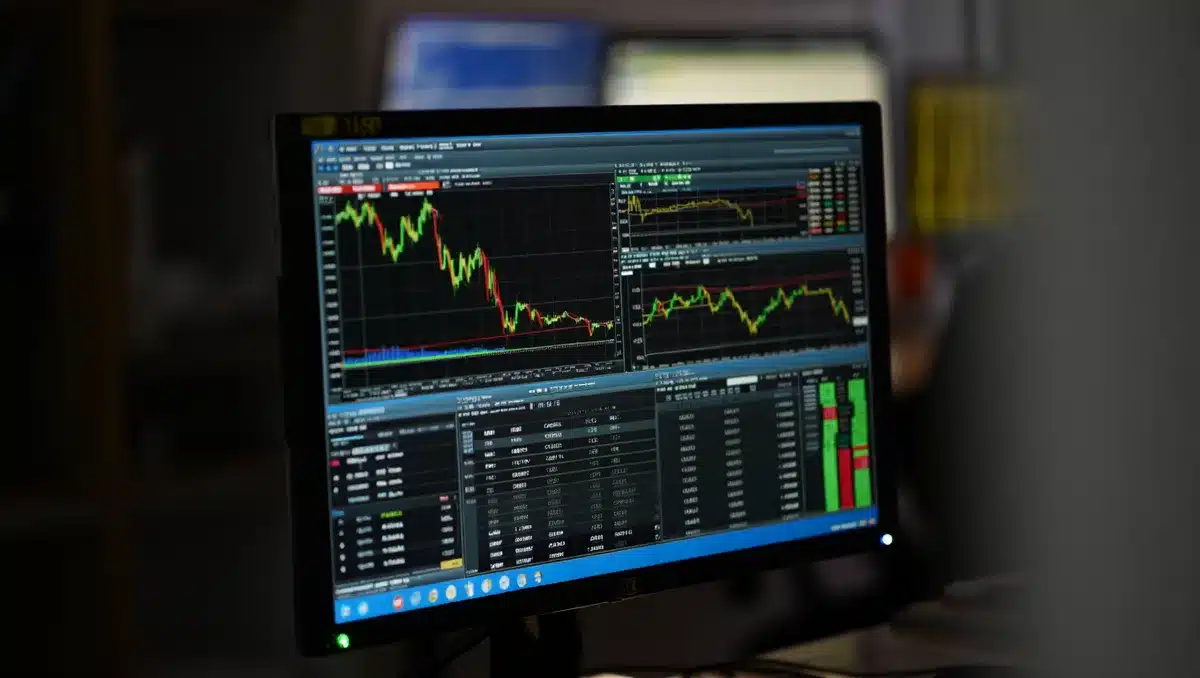 A digital trading dashboard with multiple charts and market data displayed on a glowing screen | trading platform interface screen