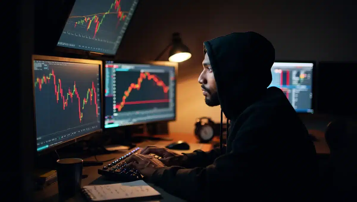 A financial chart showing a downward trend line in red against a dark background, with candlestick patterns visible | cryptocurrency market chart decline