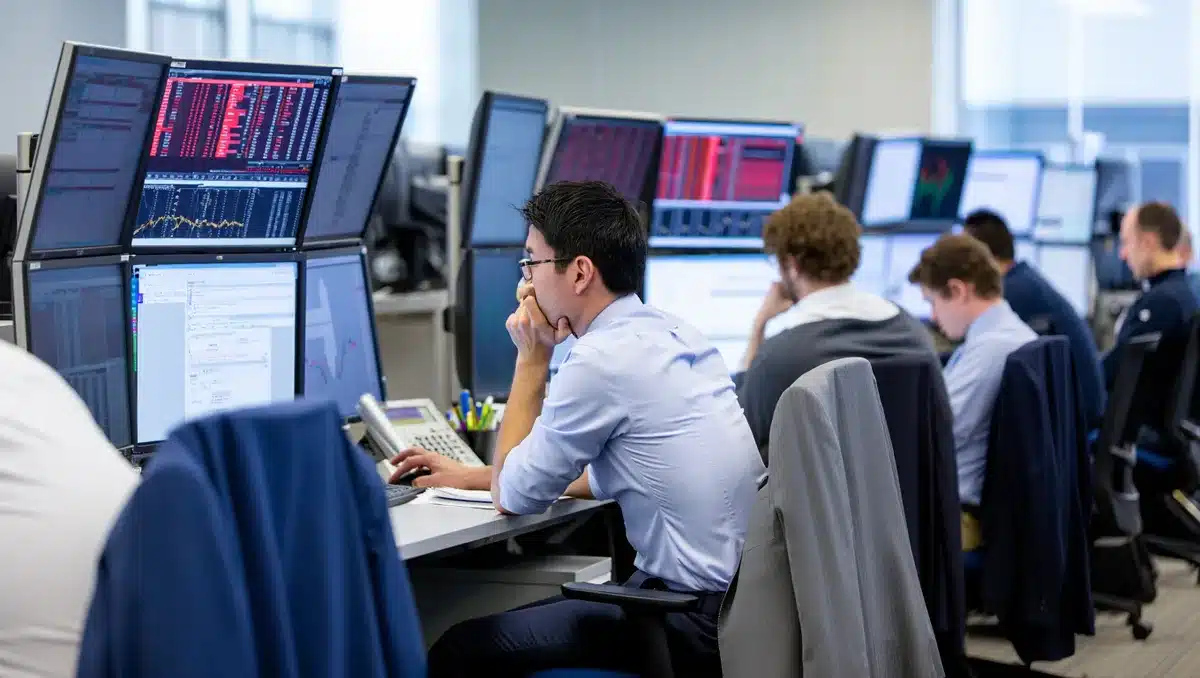 A trading floor screen displaying red stock tickers and declining price charts, with sharp downward arrows and blurred financial data streaming across multiple monitors | stock market trading floor decline