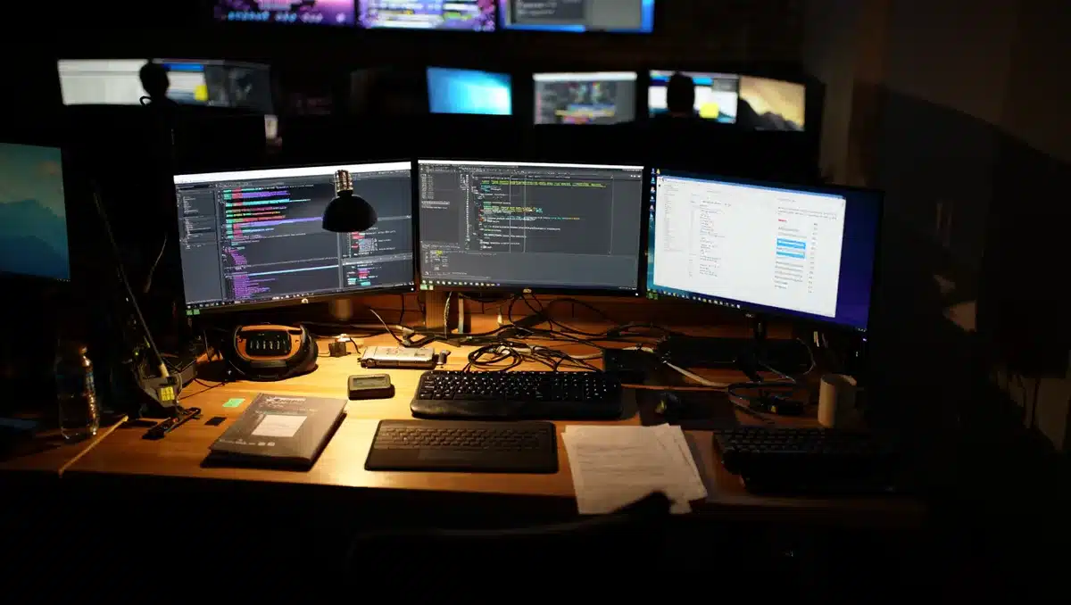 A darkened gaming development workspace with multiple screens showing game creation tools and analytics dashboards, reflecting the shift from monetization-focused to retention-focused design | game development studio analytics