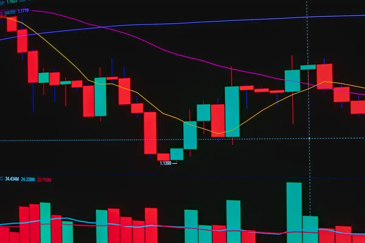 Stock market trading floor with screens displaying red declines, a single trader with hand on forehead in concern, harsh fluorescent lighting