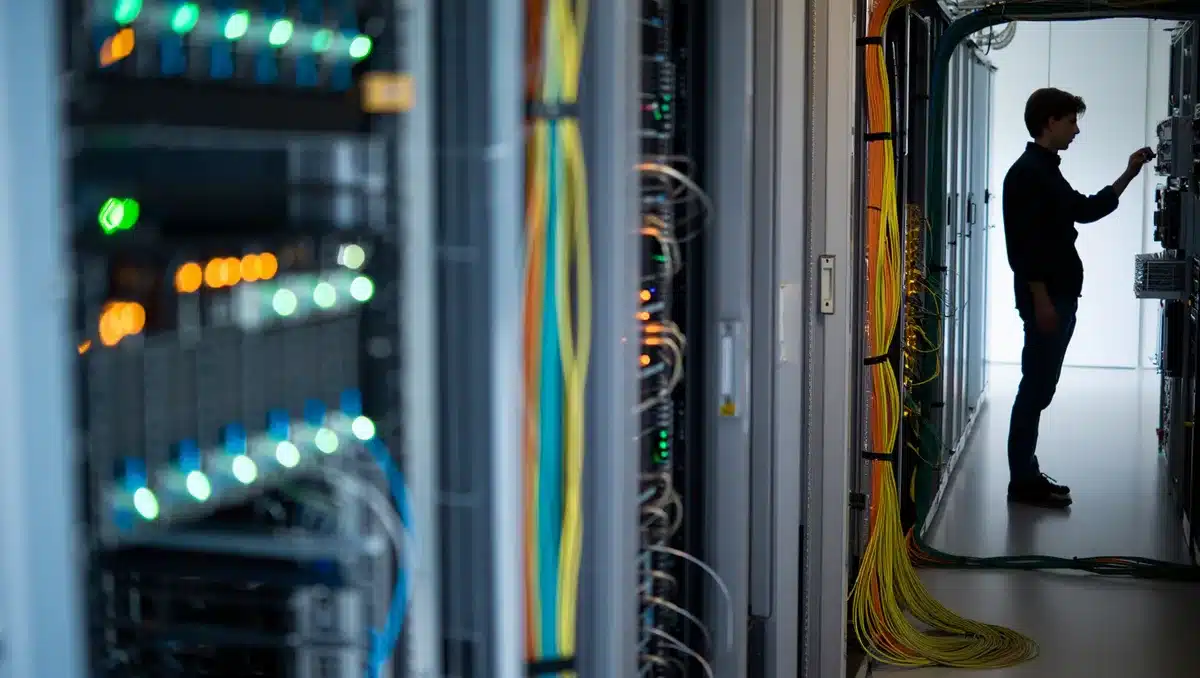Satellite communications equipment in a tech facility, glowing indicator lights on server racks, fiber optic cables, a single engineer's silhouette monitoring systems | satellite technology operations
