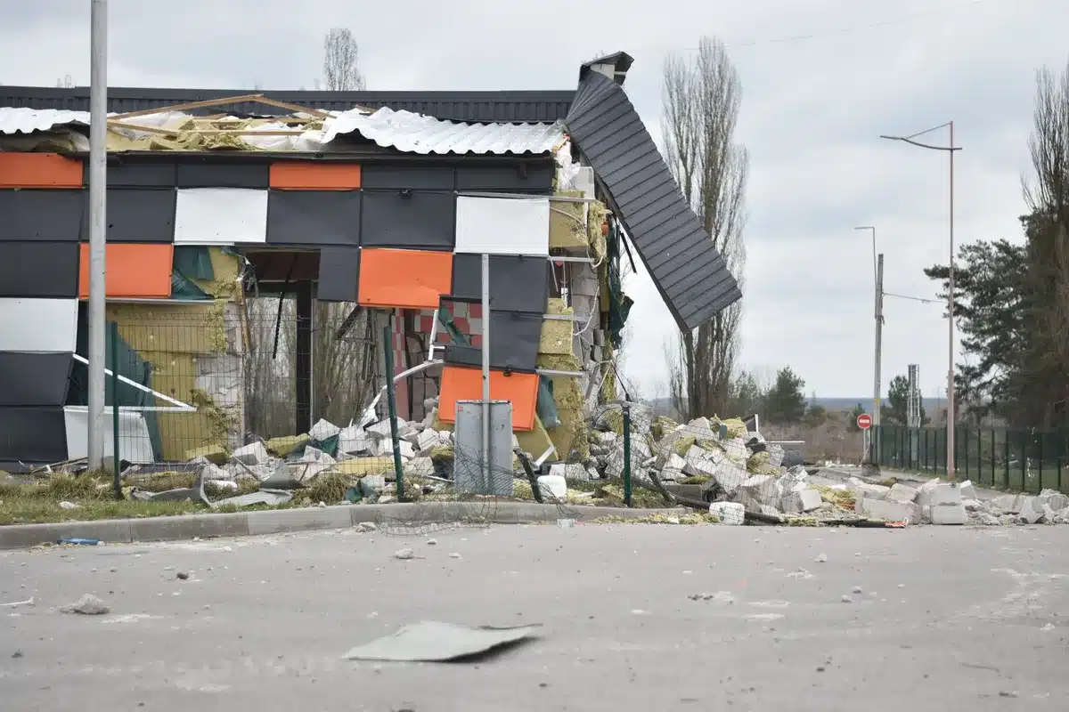 Damaged infrastructure from missile strike, NATO eastern flank