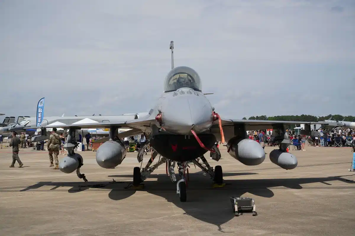 Storm Shadow missile displayed on stand with technical specifications visible