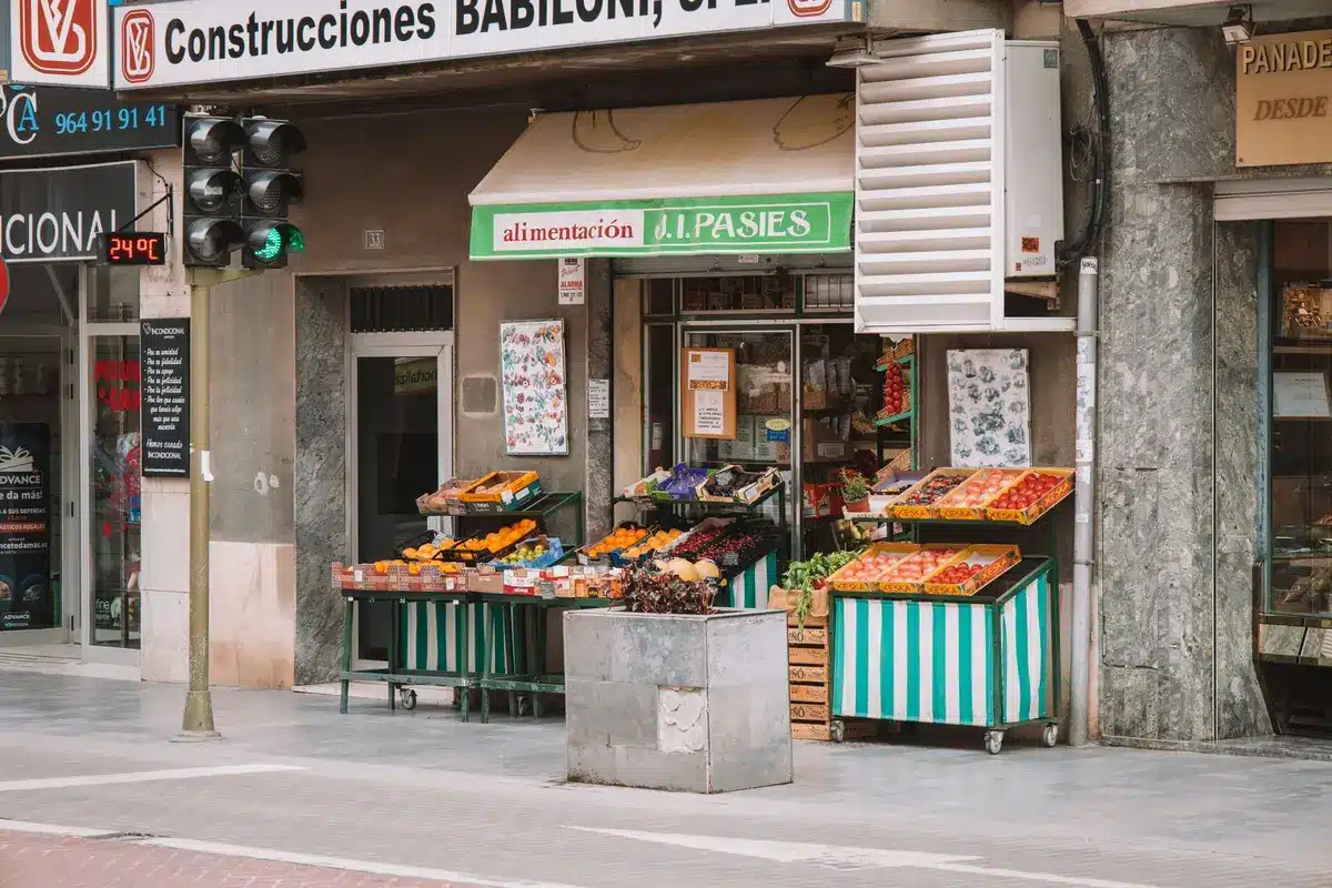 An empty supermarket storefront with darkened windows and a closed sign, fluorescent lights off inside, shopping carts abandoned outside, urban street setting