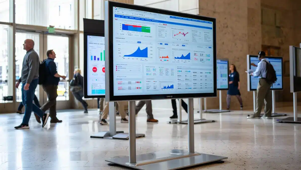 A modern federal building interior with digital screens displaying healthcare data dashboards and analytics, representing government modernization | government healthcare technology