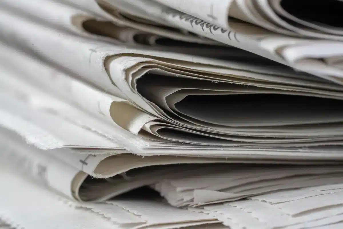 A newspaper headline visible on a desk alongside a coffee cup and reading glasses, the words partially visible