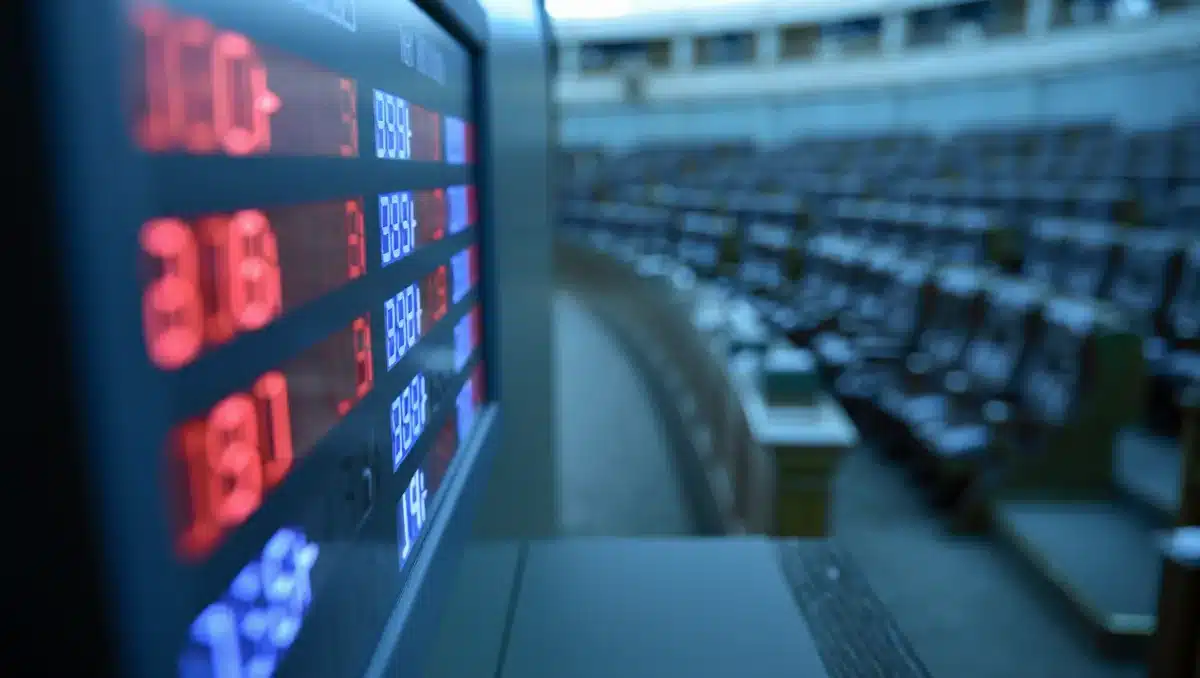 A close-up of a voting board showing red and blue vote counts, slightly out of focus, with senate chamber seats empty in the background — urgency.