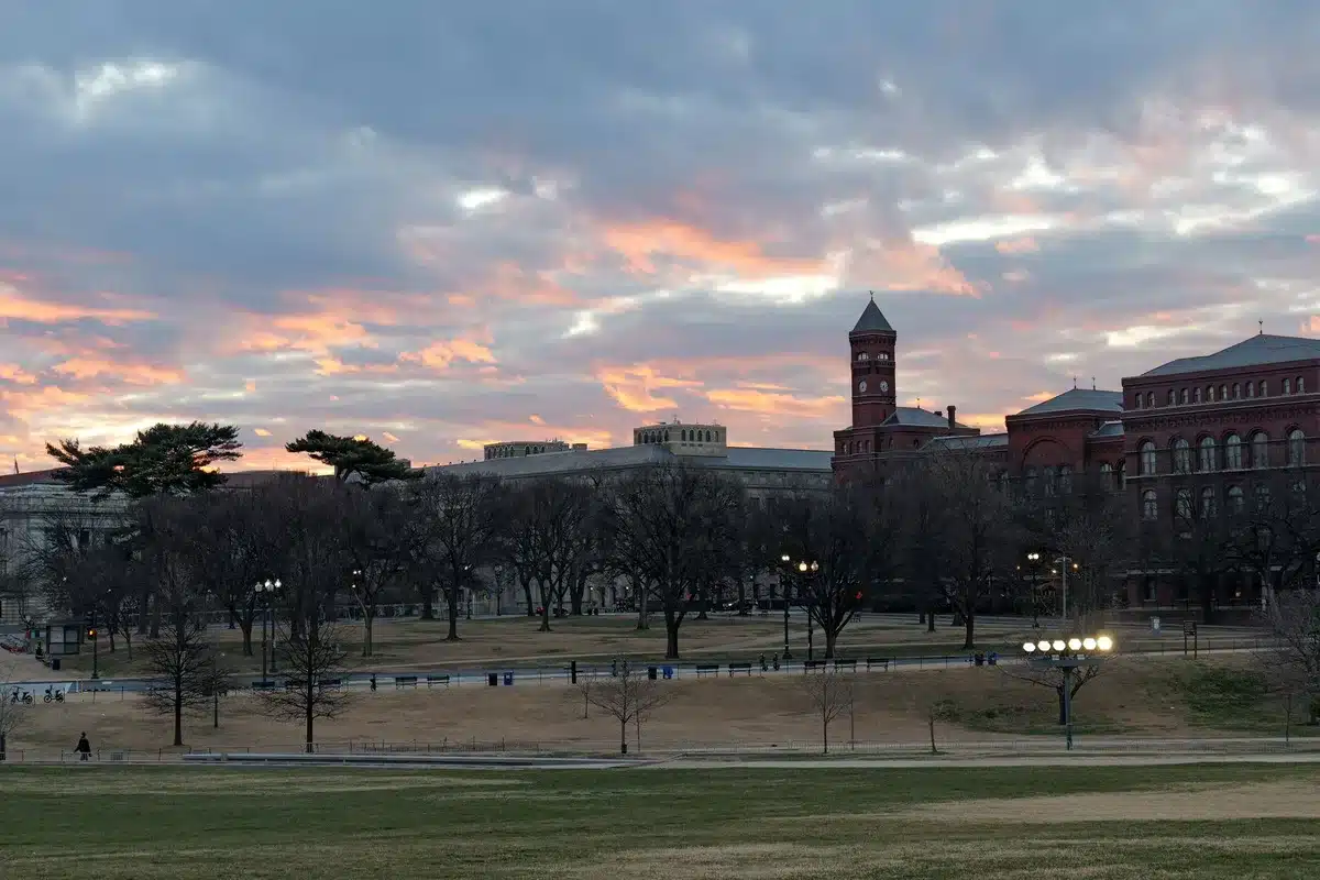 Capitol steps at sunrise with American flags, golden light on stone, sense of continuity and governance.