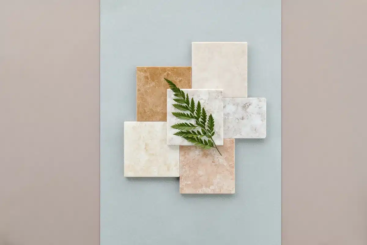 Interior rooms showing deep forest greens, warm bronze accents, and layered neutral tones in living spaces