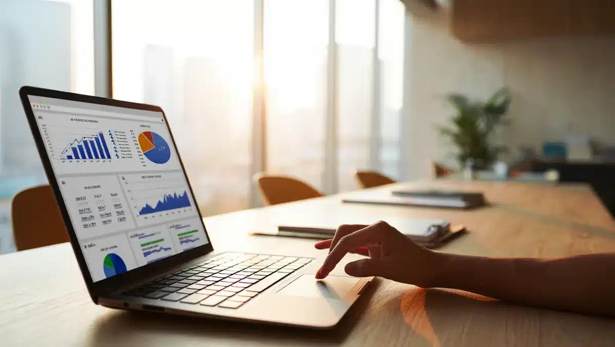 A corporate office with large windows overlooking a city skyline, a laptop open on a desk showing financial dashboards and analytics, morning light streaming in | corporate office financial workspace