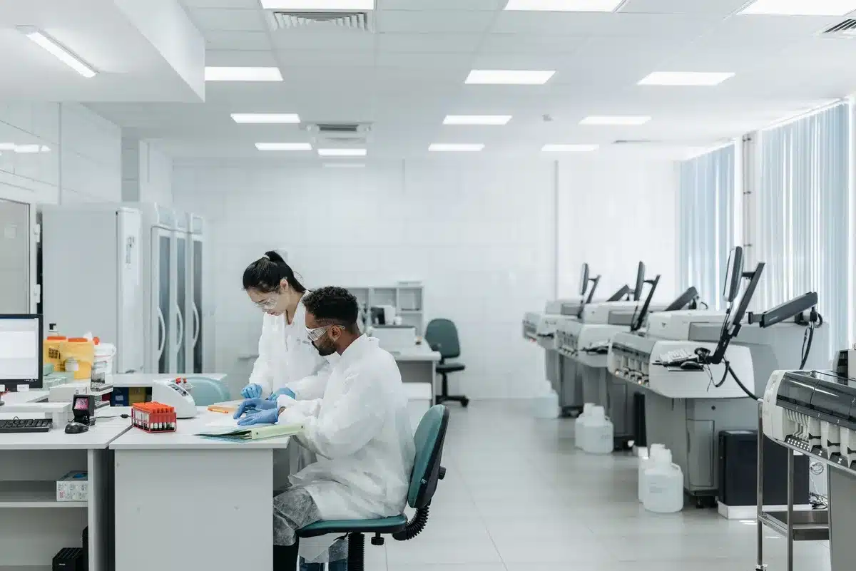 A clinical research laboratory setting with patient data displays and monitoring equipment, representing late-stage trial progress