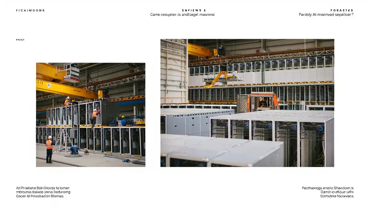 A sprawling industrial data center facility under construction, with rows of modular server racks being assembled in a vast warehouse space. Overhead cranes and construction equipment visible, technicians in hard hats working among pre-fabricated infrastructure components, metal framework and cooling systems being integrated. Scene evokes scale and speed of modern AI facility buildout | data center construction site