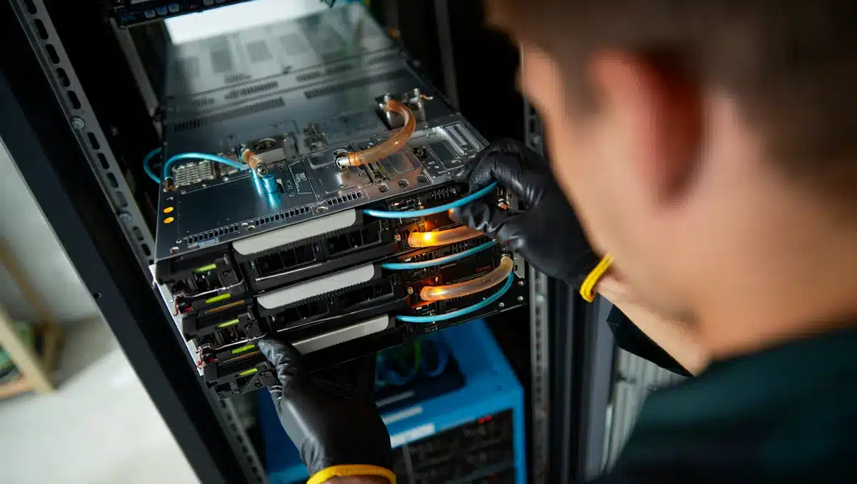 A close-up of precision-engineered server hardware with liquid cooling tubes integrated into the chassis, rows of modular components arranged in a rack configuration. Metallic surfaces, glowing indicator lights, and thermal management elements visible. Technician's gloved hands positioned near components for scale. Scene emphasizes engineering precision and modularity | AI server hardware assembly