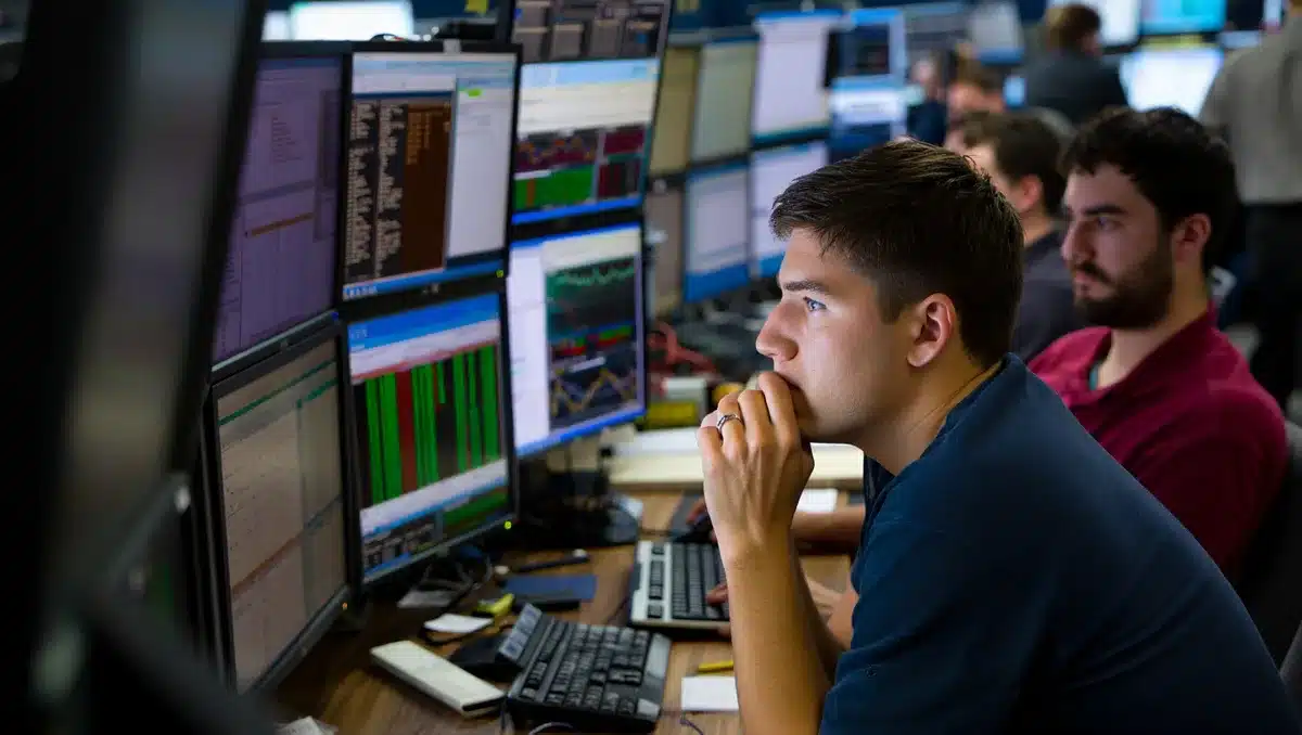 Semiconductor trading floor with multiple screens displaying price charts and market data, traders monitoring positions amid fluctuating numbers and volatility indicators | stock market semiconductor trading