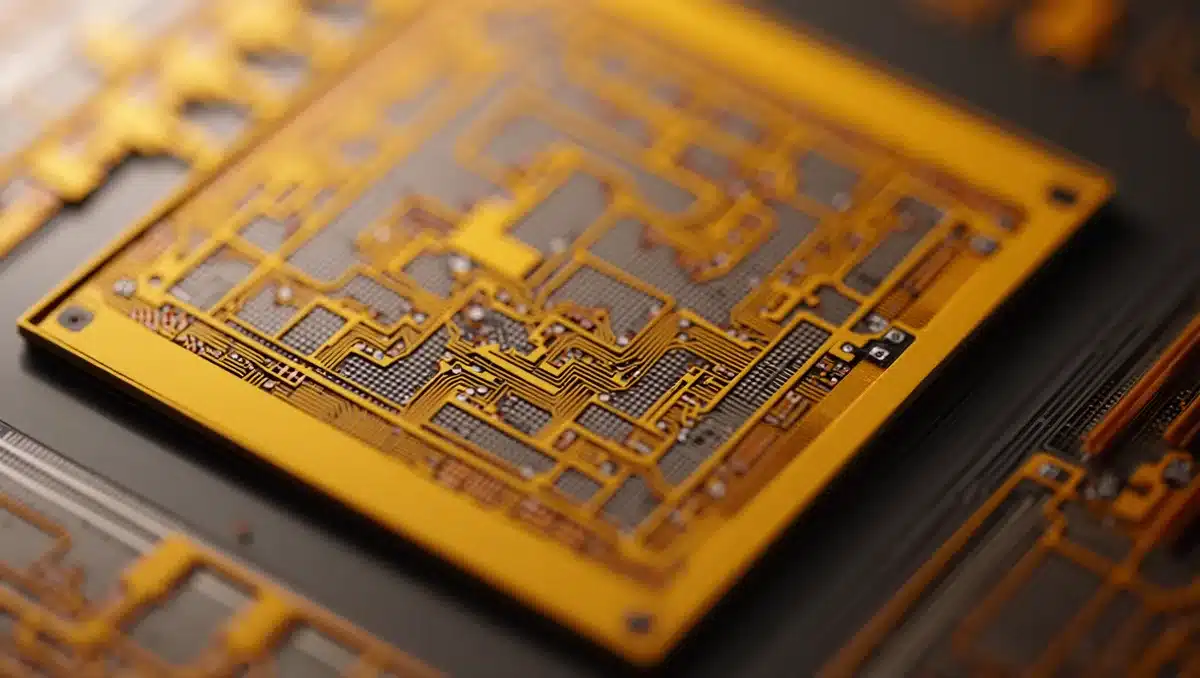 Close-up of semiconductor chip circuitry with intricate patterns and pathways, representing the technological foundation of AI infrastructure investments | microchip circuit board macro