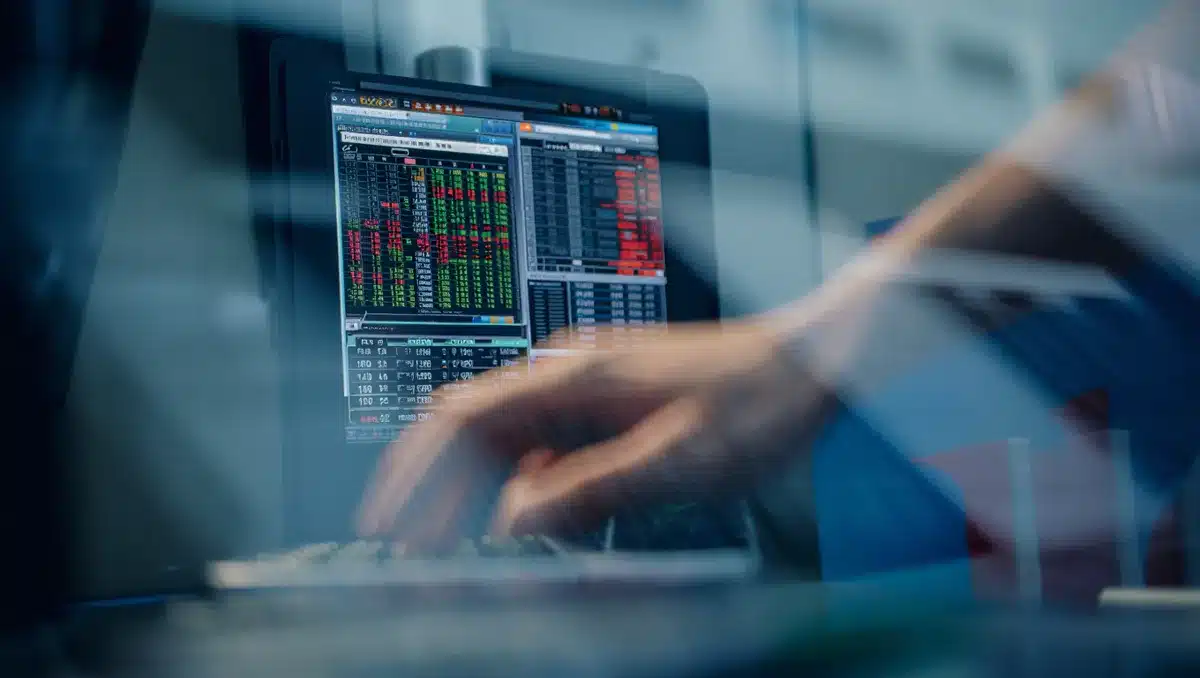 A single stock market ticker display showing numerical data and percentages, green and red numbers on a dark screen, trading terminal interface with blurred hands at keyboard | stock market trading screen