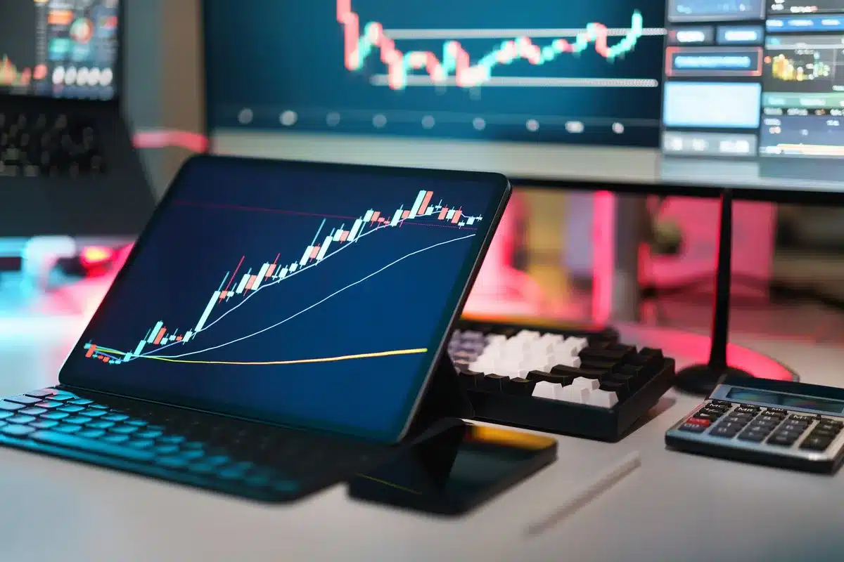Cryptocurrency trading screen displaying Solana price surge and green candlestick chart, with market data and ETF flow metrics visible on a dark monitor
