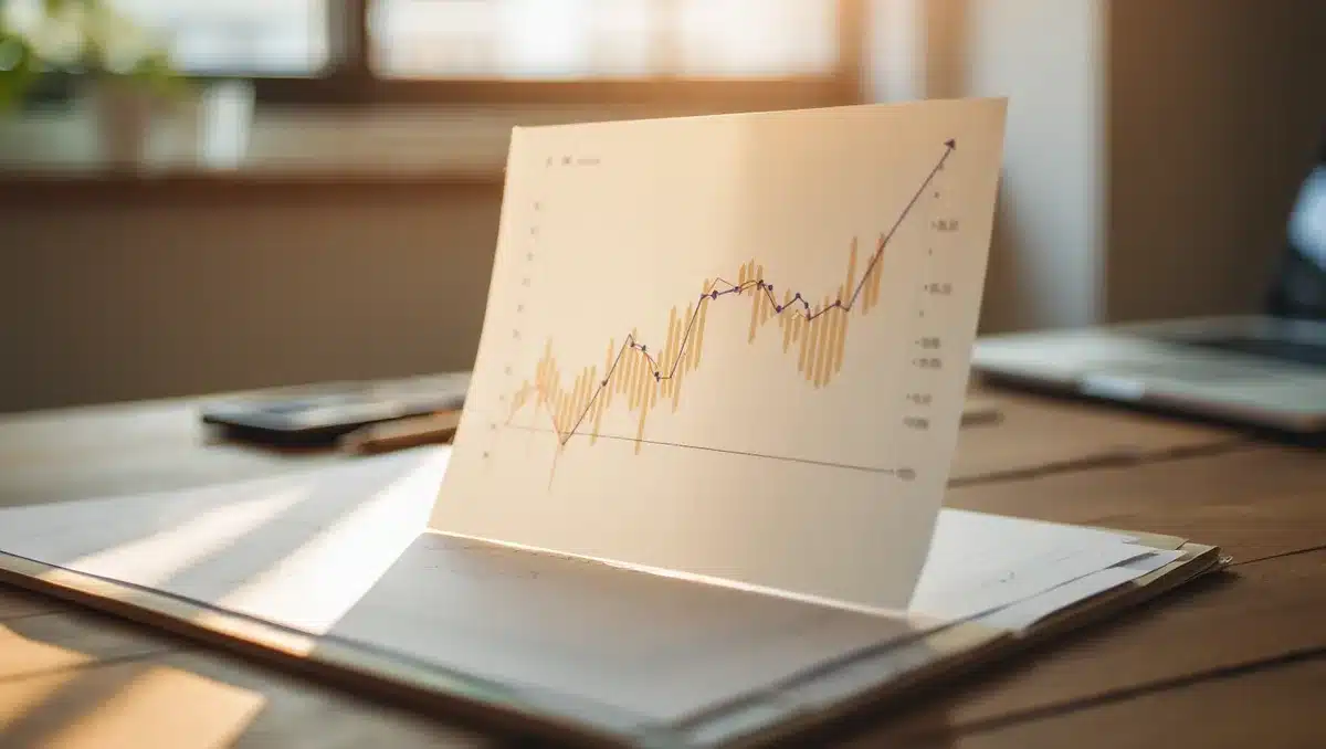 An abstract financial chart showing an upward trajectory line in warm light against a neutral background, with subtle oil-drop symbols fading into the distance, evoking relief and market recovery | stock market recovery chart