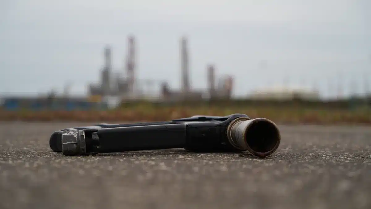 A close-up of an oil pump nozzle resting at rest, with a blurred refinery or industrial facility in soft focus behind it, suggesting pause and relief from energy concerns | oil pump at rest
