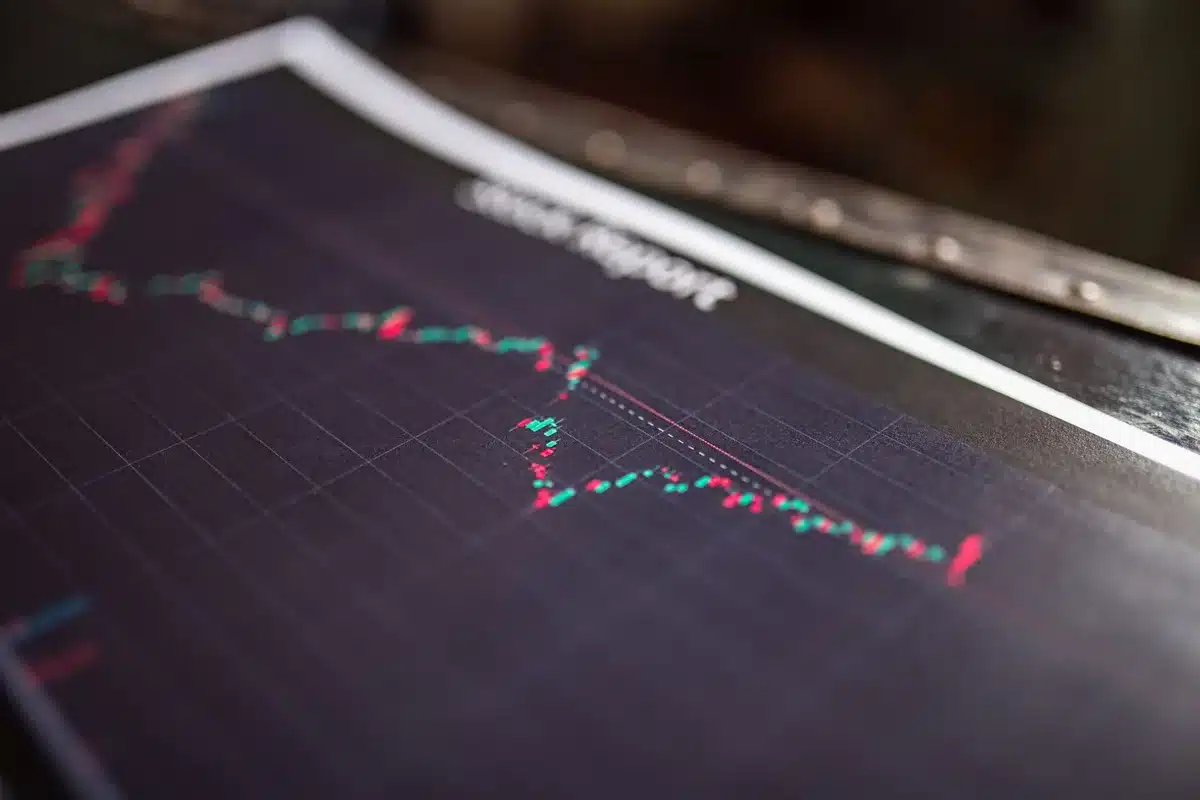 Stock market trading floor with green indicators and rising chart displays, traders in motion, warm lighting on digital screens