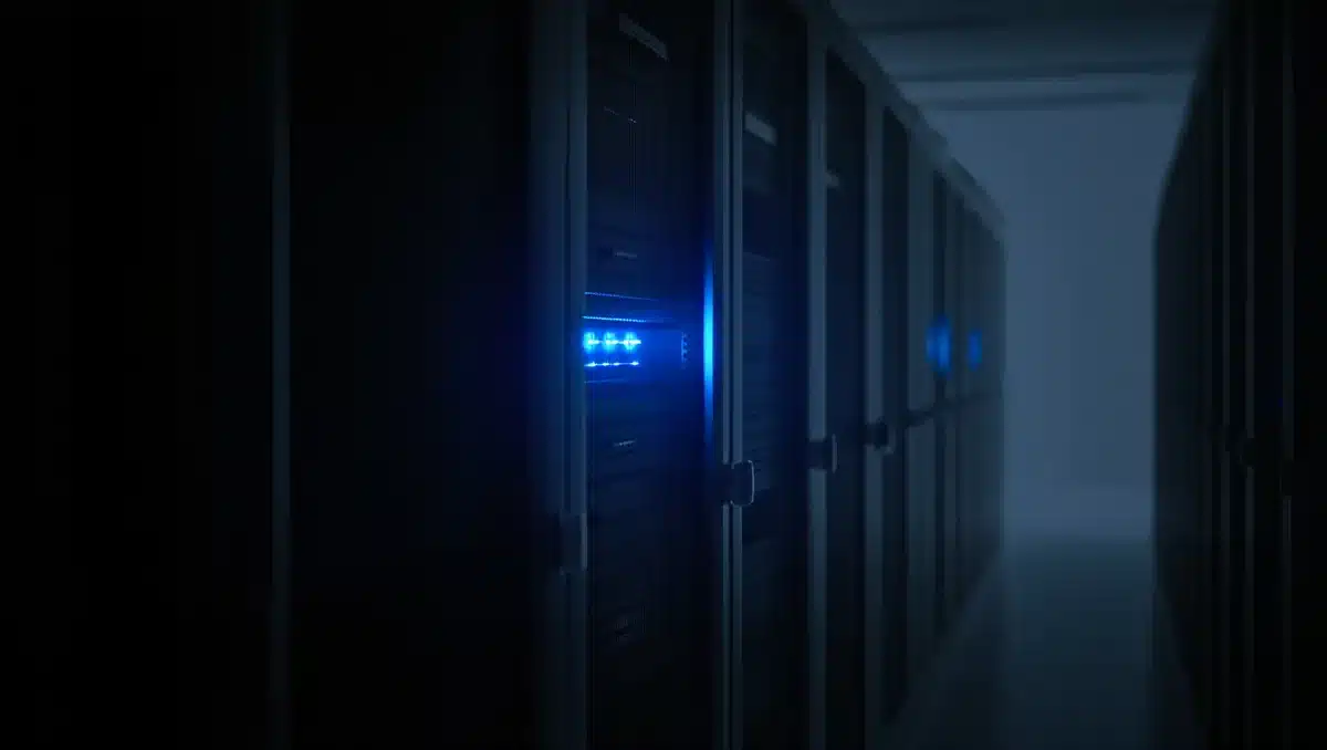 Server racks with blue LED lights glowing in a vast data center, rows of equipment stretching into darkness, symbolizing cloud computing infrastructure and AI capacity | data center server room
