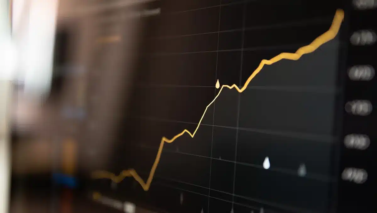Abstract upward trajectory line in warm light on a dark screen, with subtle oil-drop symbols fading into the distance, representing market recovery and relief | stock market chart recovery