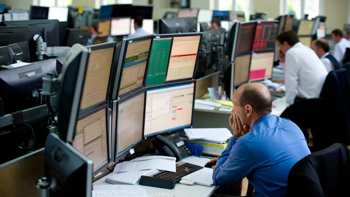 A bustling trading floor with multiple monitors displaying financial data, traders monitoring screens, numbers and charts visible on displays, busy market environment with activity and focus | trading floor financial data