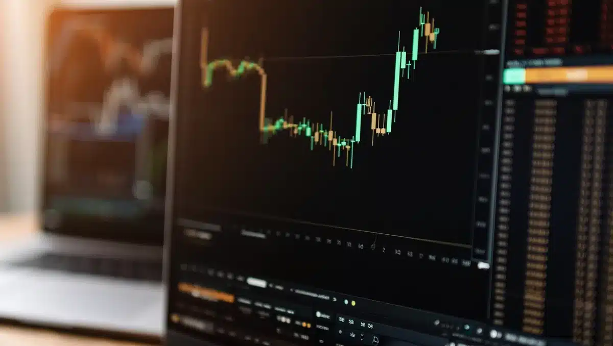 Glowing green candlestick chart on dark screen showing upward trend, with blurred financial data in background | stock market chart uptrend