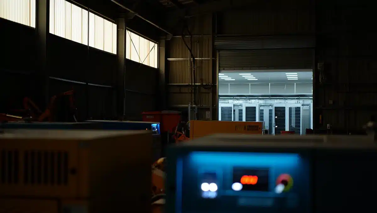 Industrial construction equipment and power generators arranged in a warehouse setting, with LED indicators glowing on control panels, a data center facility visible in the background | industrial equipment data center