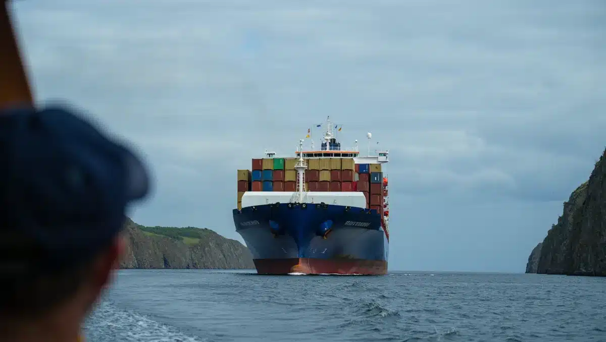 A container ship navigating narrow shipping lanes, symbolizing the critical chokepoint and global trade disruption | cargo ship strait passage