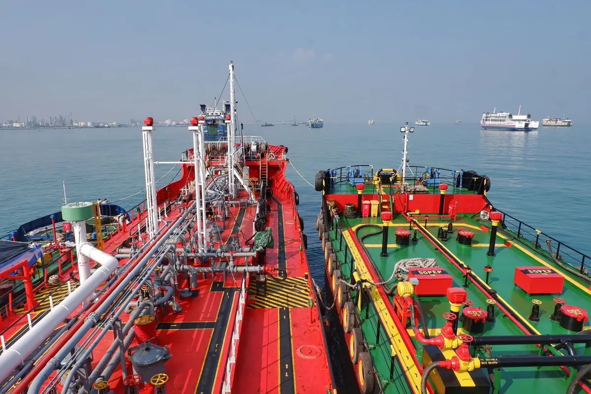 A busy international shipping corridor with multiple cargo vessels navigating through narrow waterways, container ships lined up waiting for passage, and maritime infrastructure visible on distant shores