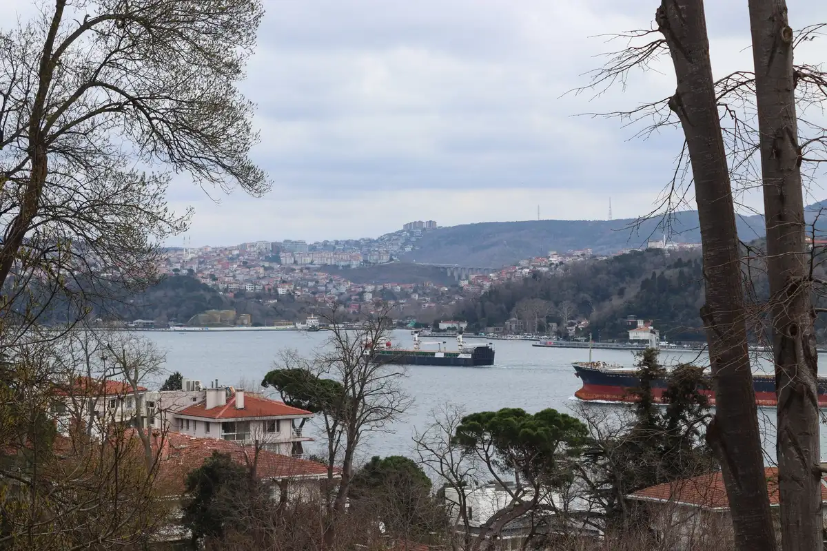 Shipping vessels navigating narrow waterway between two coastlines, container cranes visible in distant port, calm waters with international maritime traffic, commercial energy infrastructure in background