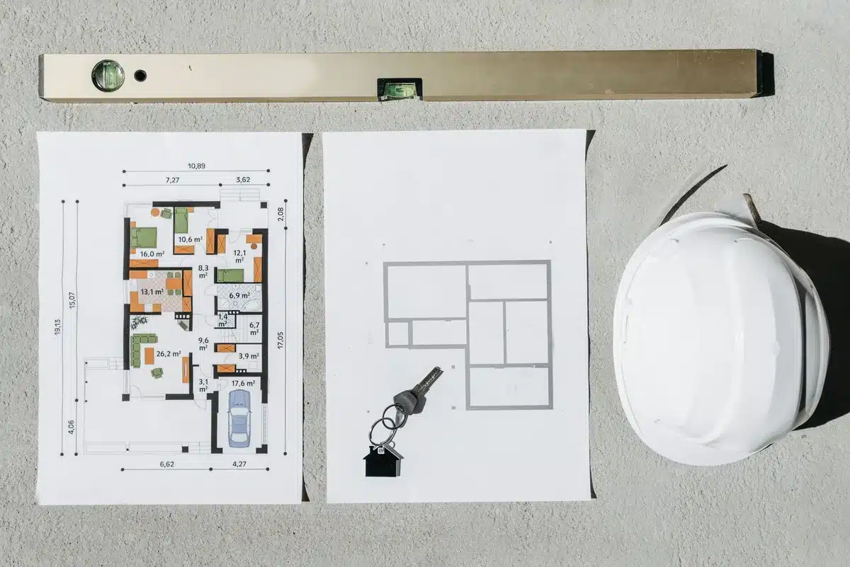 Construction site with heavy equipment and architectural blueprints spread across a desk