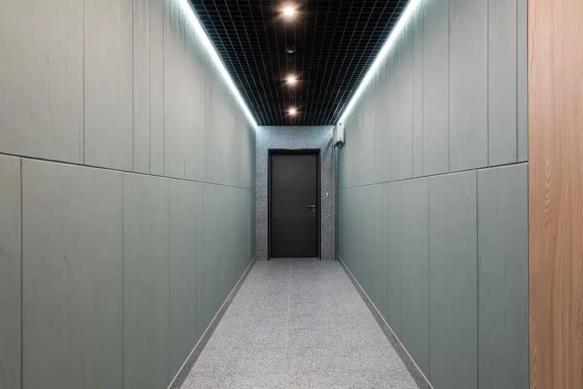 An empty congressional office hallway with closed doors and dim lighting, a single chair visible through a doorway, shadows and silence conveying absence.